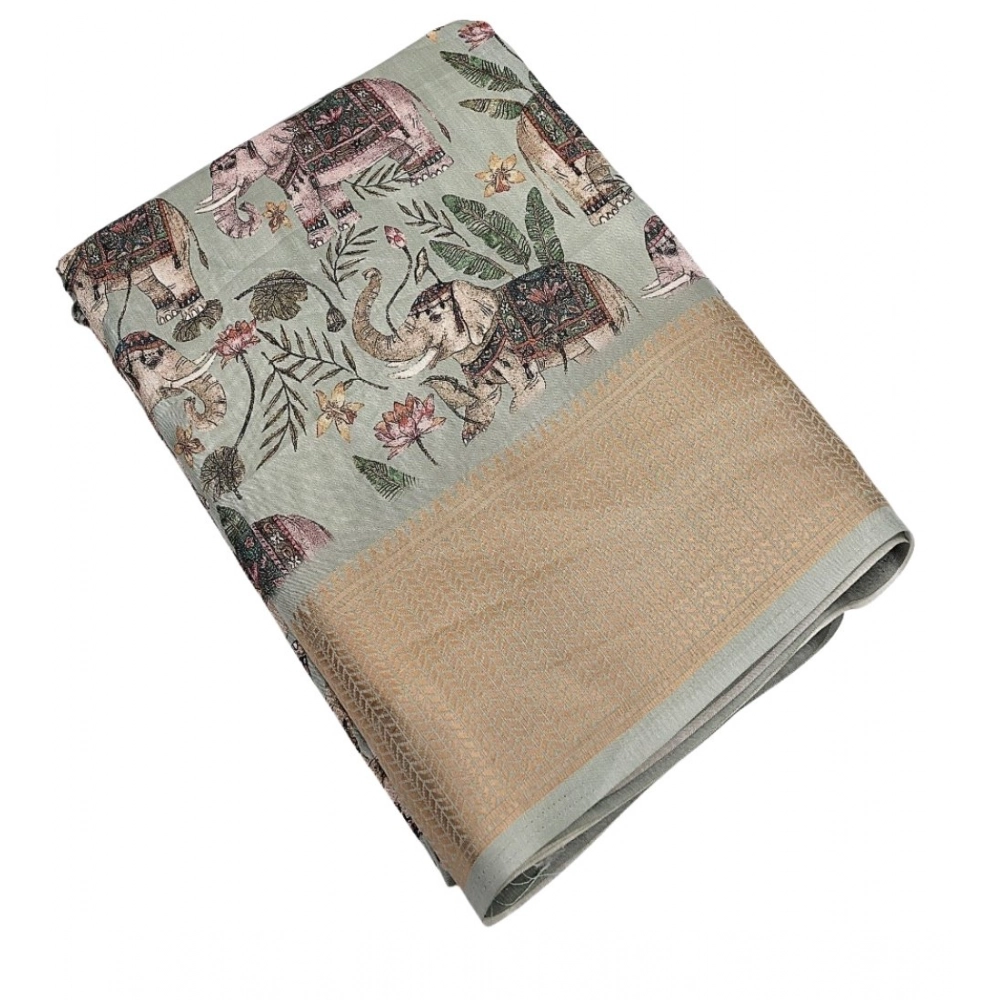 Women's Cotton Silk Printed Saree With Unstitched Blouse 5.5Mtr (Green) - Image 3