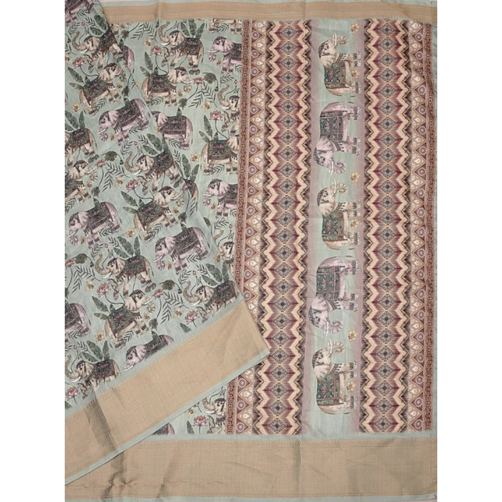 Women's Cotton Silk Printed Saree With Unstitched Blouse 5.5Mtr (Green) - Image 2