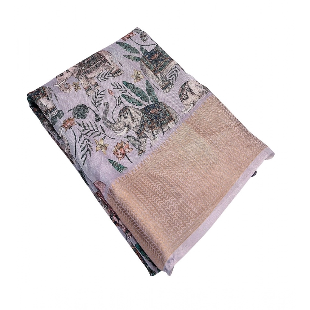 Women's Cotton Silk Printed Saree With Unstitched Blouse 5.5Mtr (Grey) - Image 3