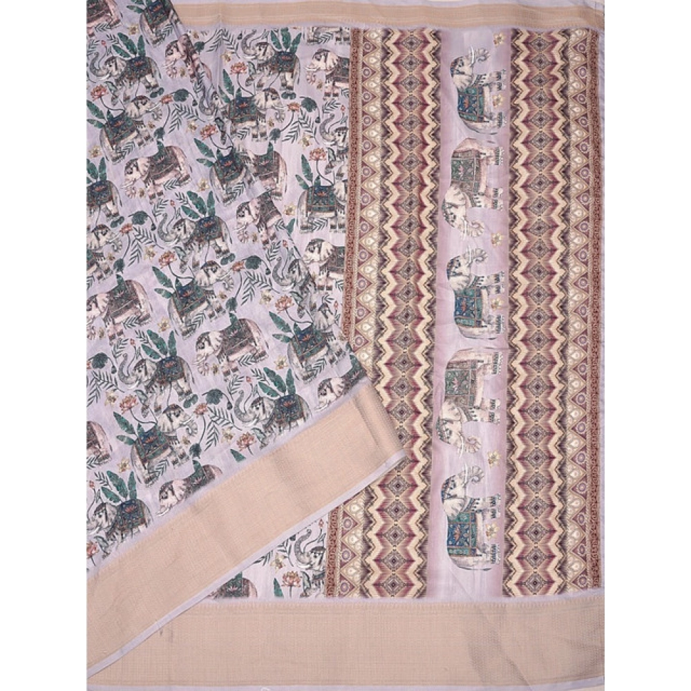Women's Cotton Silk Printed Saree With Unstitched Blouse 5.5Mtr (Grey) - Image 2