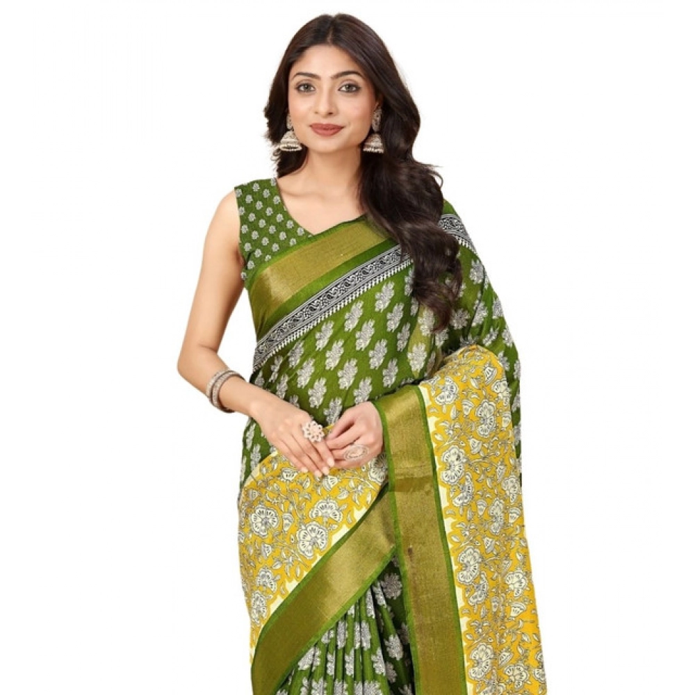 Women's Cotton Blend Printed Saree With Unstitched Blouse 5.5Mtr (Mehandi) - Image 6