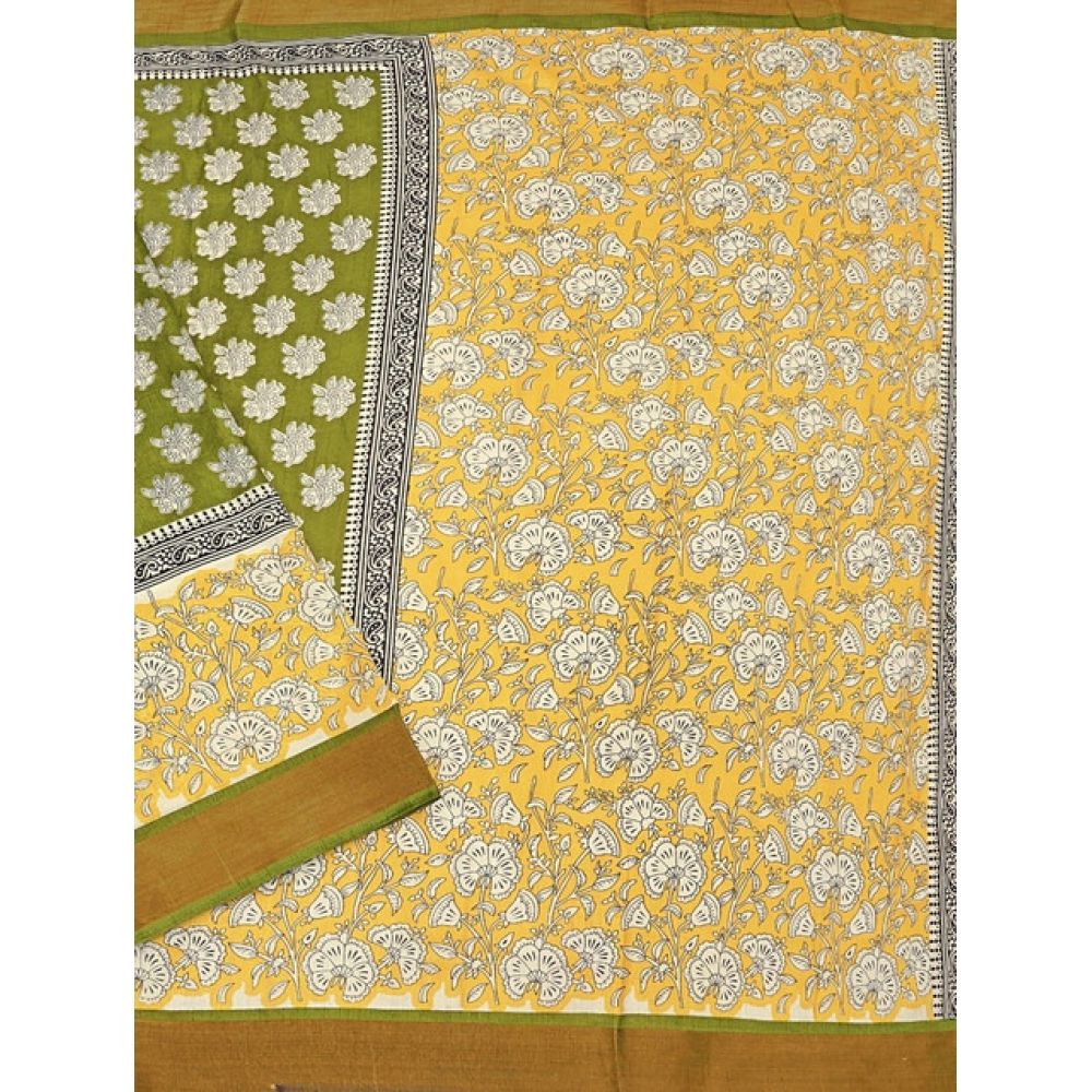 Women's Cotton Blend Printed Saree With Unstitched Blouse 5.5Mtr (Mehandi) - Image 4