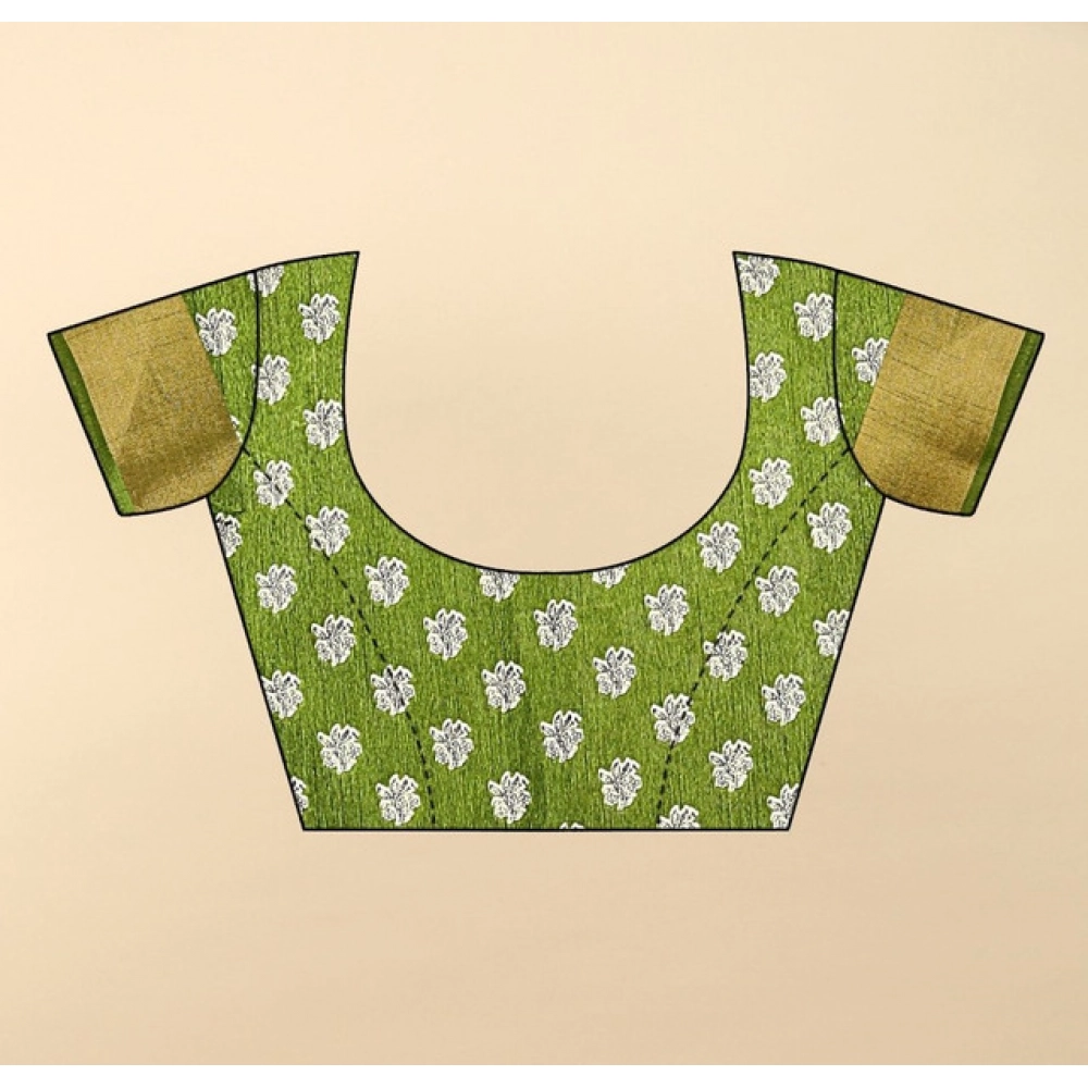 Women's Cotton Blend Printed Saree With Unstitched Blouse 5.5Mtr (Mehandi) - Image 3