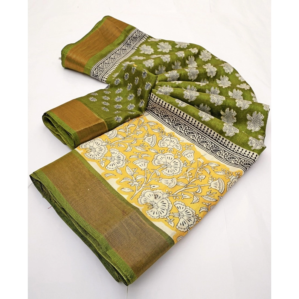 Women's Cotton Blend Printed Saree With Unstitched Blouse 5.5Mtr (Mehandi) - Image 2