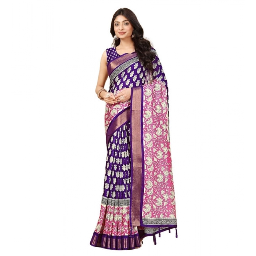 Women's Cotton Blend Printed Saree With Unstitched Blouse 5.5Mtr (Purple) - Image 6