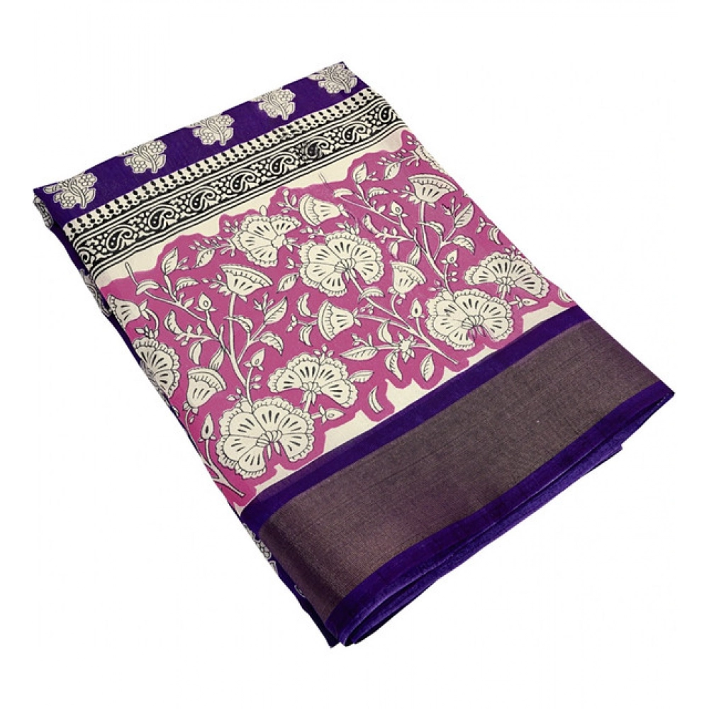 Women's Cotton Blend Printed Saree With Unstitched Blouse 5.5Mtr (Purple) - Image 5