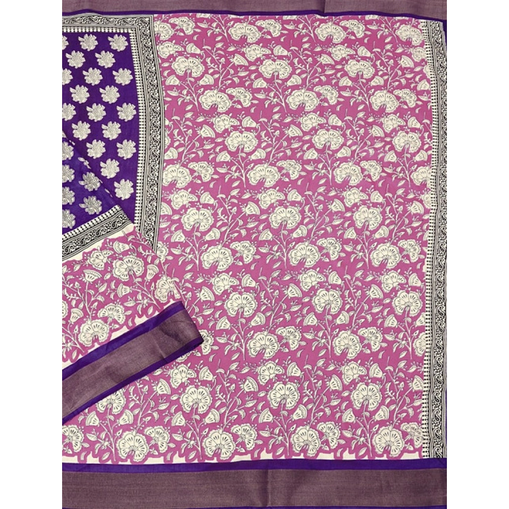 Women's Cotton Blend Printed Saree With Unstitched Blouse 5.5Mtr (Purple) - Image 4