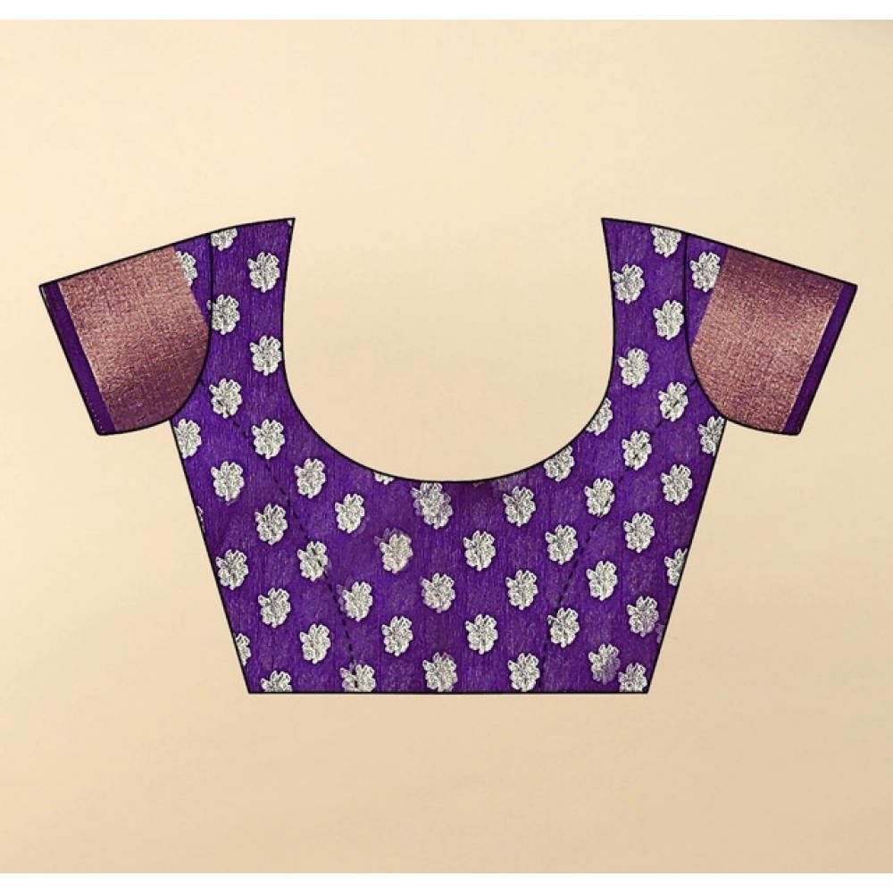 Women's Cotton Blend Printed Saree With Unstitched Blouse 5.5Mtr (Purple) - Image 3