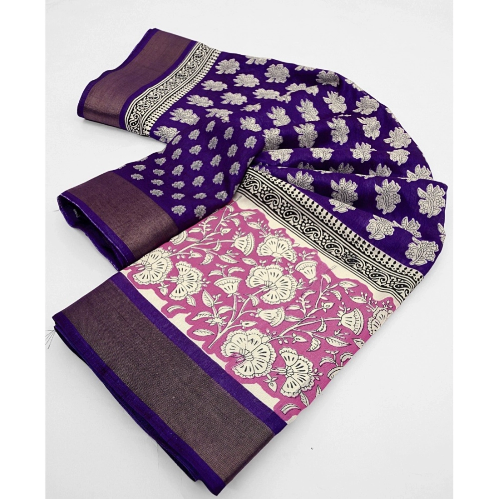 Women's Cotton Blend Printed Saree With Unstitched Blouse 5.5Mtr (Purple) - Image 2