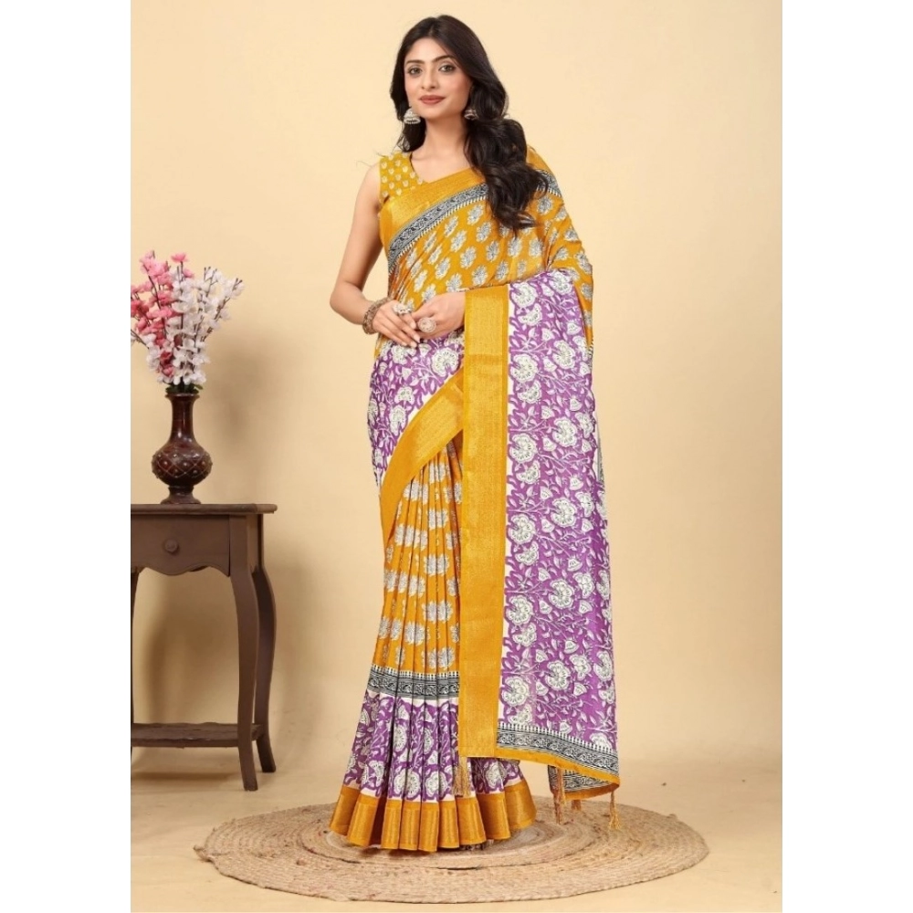 Women's Cotton Blend Printed Saree With Unstitched Blouse 5.5Mtr (Yellow)