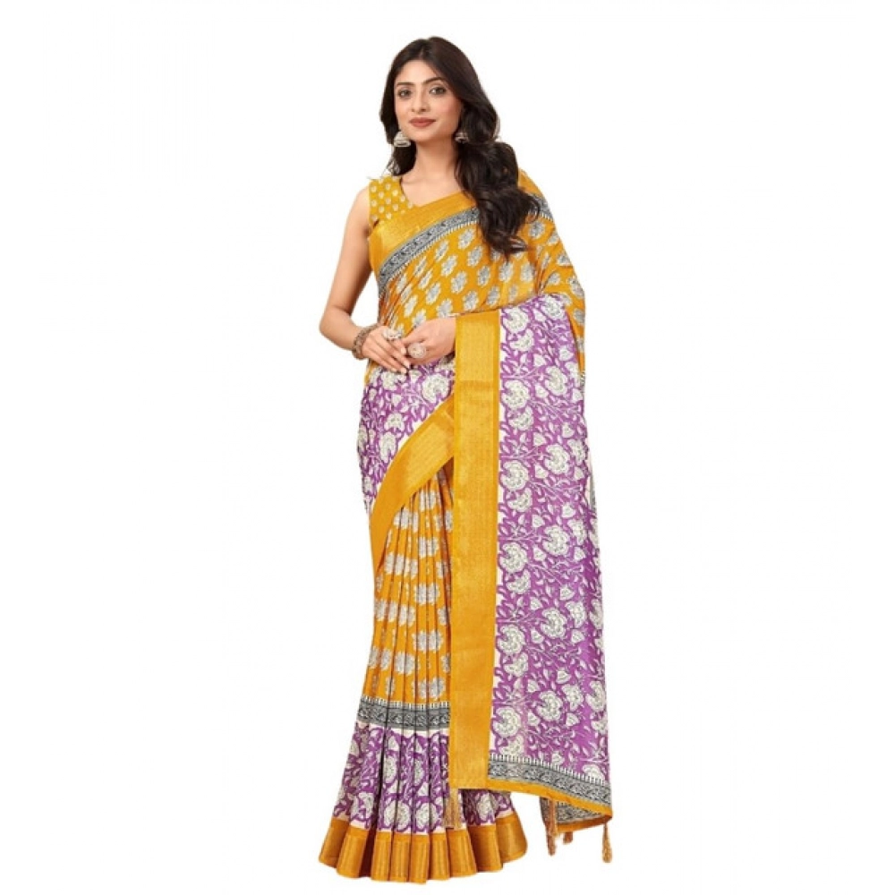 Women's Cotton Blend Printed Saree With Unstitched Blouse 5.5Mtr (Yellow) - Image 6