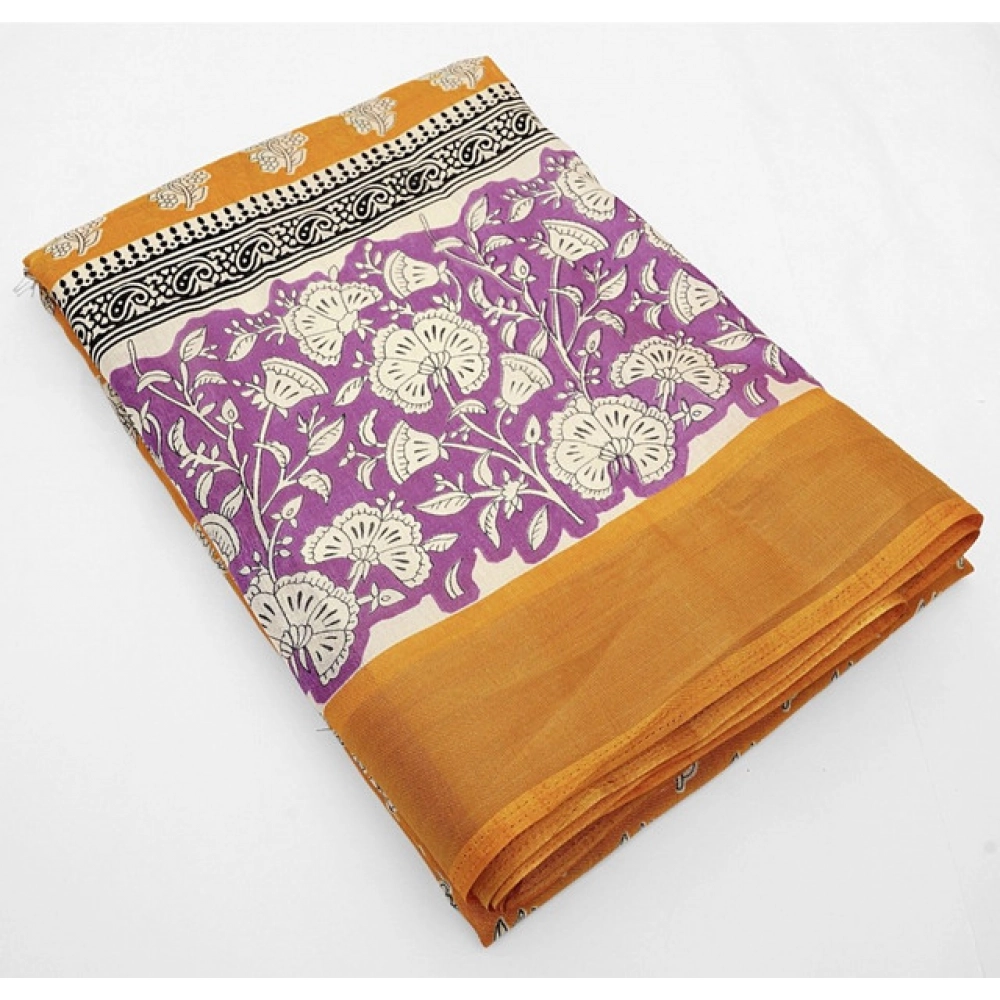 Women's Cotton Blend Printed Saree With Unstitched Blouse 5.5Mtr (Yellow) - Image 5