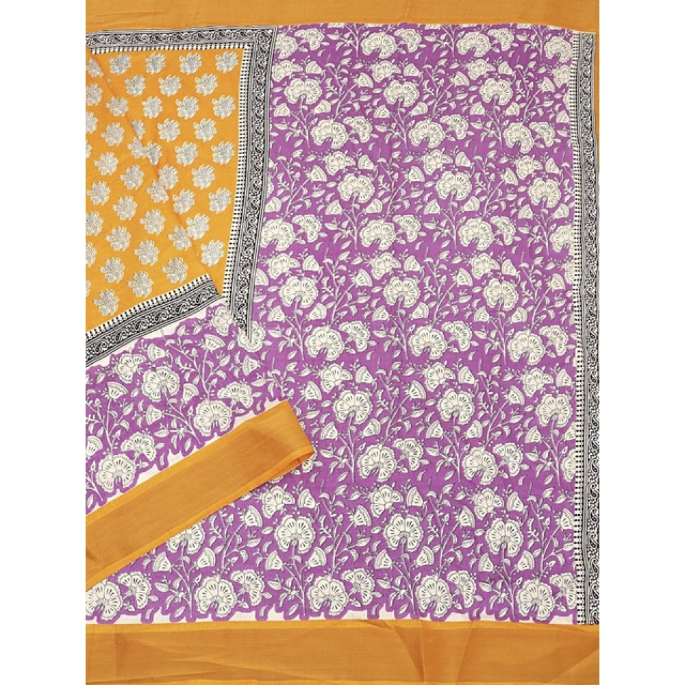 Women's Cotton Blend Printed Saree With Unstitched Blouse 5.5Mtr (Yellow) - Image 4