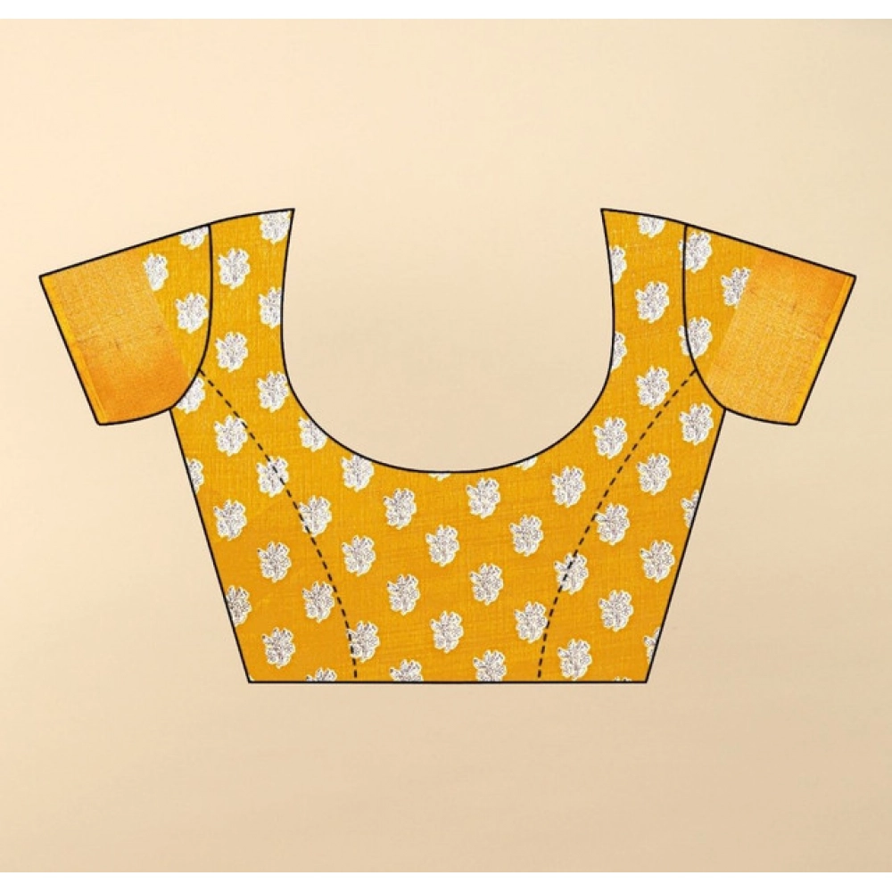 Women's Cotton Blend Printed Saree With Unstitched Blouse 5.5Mtr (Yellow) - Image 3
