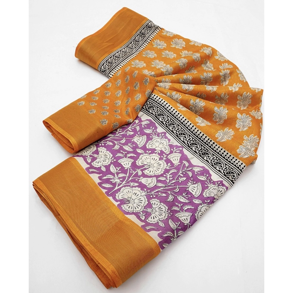 Women's Cotton Blend Printed Saree With Unstitched Blouse 5.5Mtr (Yellow) - Image 2