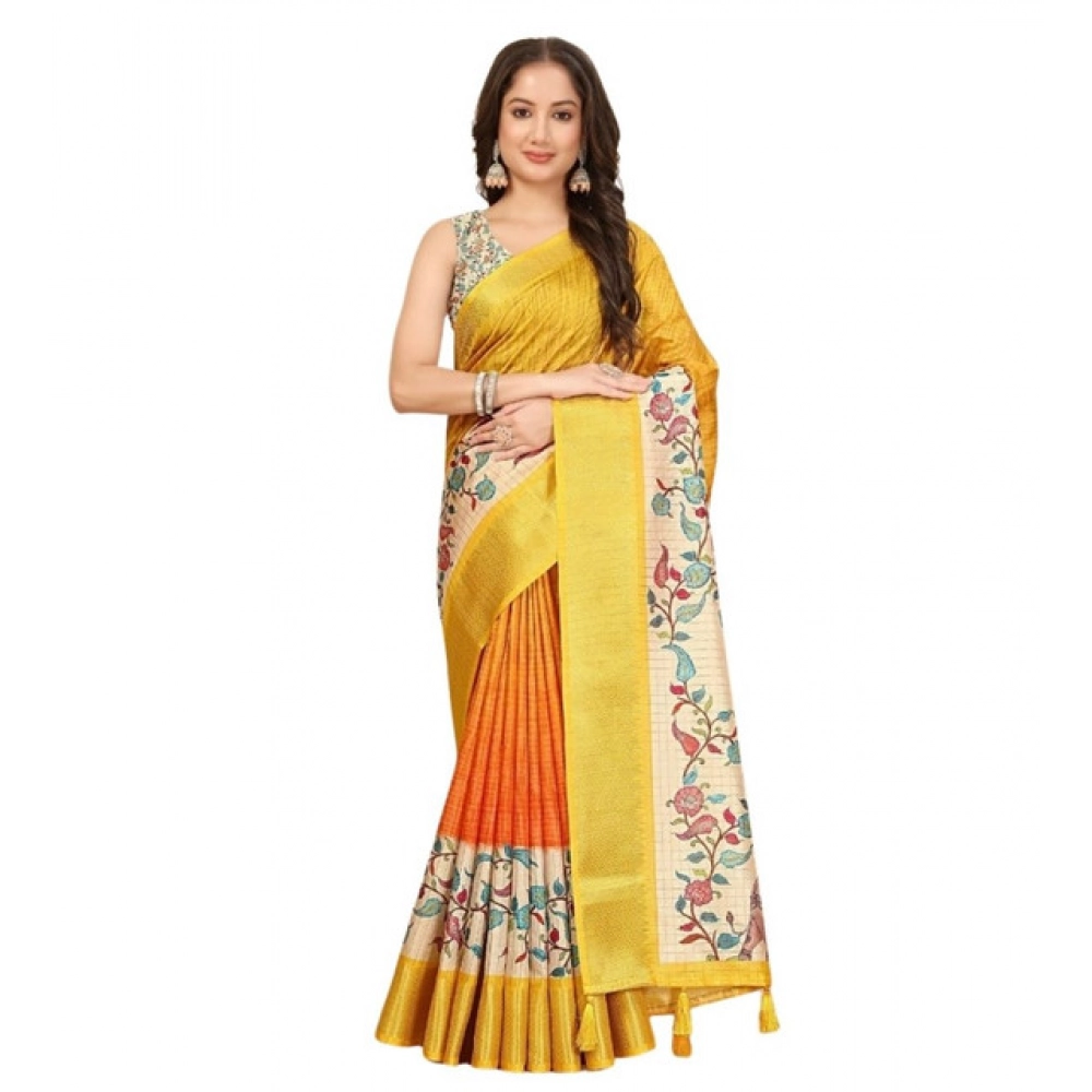 Women's Cotton Blend Floral Printed Saree With Unstitched Blouse 5.5Mtr (Lemon Yellow) - Image 5