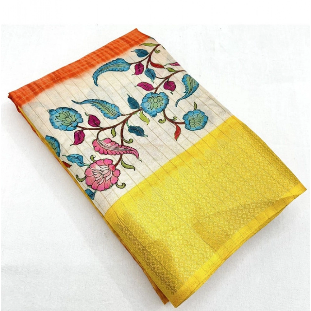 Women's Cotton Blend Floral Printed Saree With Unstitched Blouse 5.5Mtr (Lemon Yellow) - Image 4