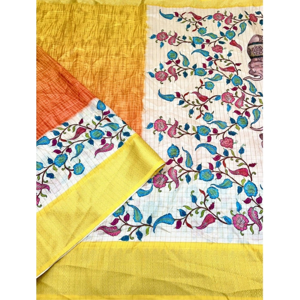 Women's Cotton Blend Floral Printed Saree With Unstitched Blouse 5.5Mtr (Lemon Yellow) - Image 3