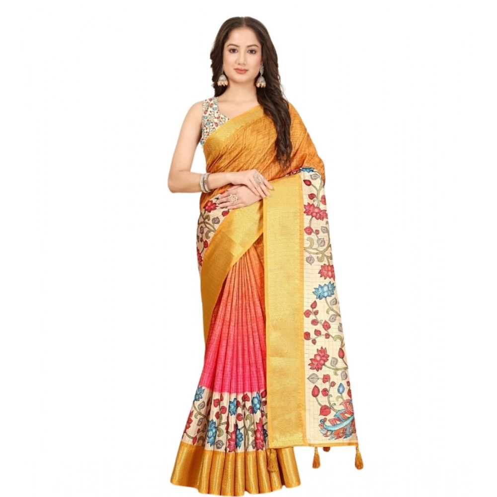Women's Cotton Blend Floral Printed Saree With Unstitched Blouse 5.5Mtr (Yellow) - Image 5