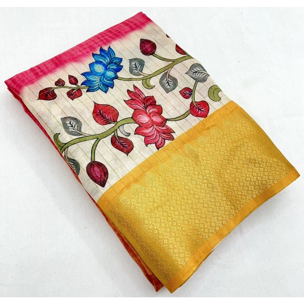 Women's Cotton Blend Floral Printed Saree With Unstitched Blouse 5.5Mtr (Yellow) - Image 4