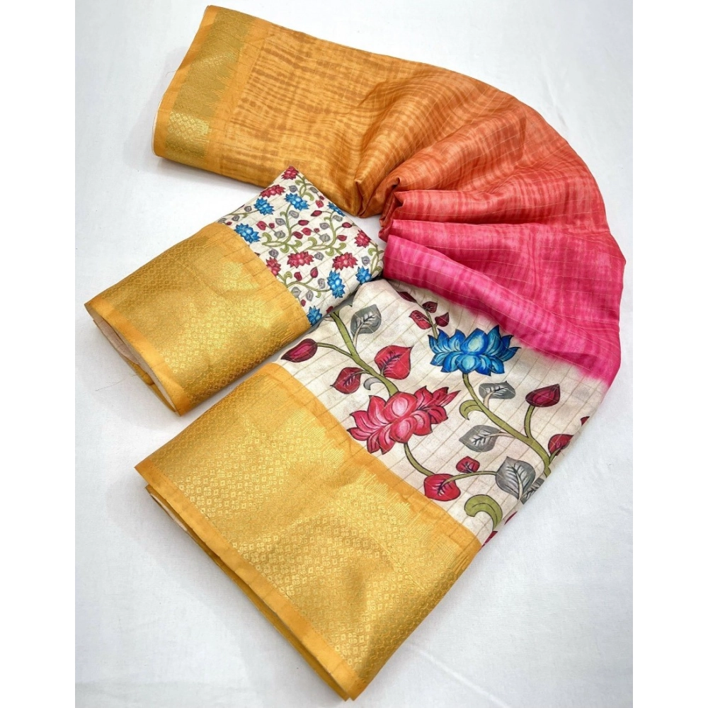 Women's Cotton Blend Floral Printed Saree With Unstitched Blouse 5.5Mtr (Yellow) - Image 3