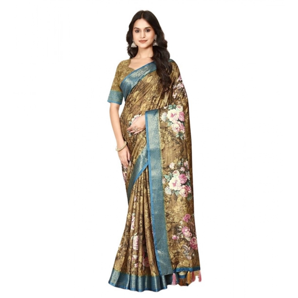 Women's Cotton Blend Floral Printed Saree With Unstitched Blouse 5.5Mtr (Multicolor) - Image 6