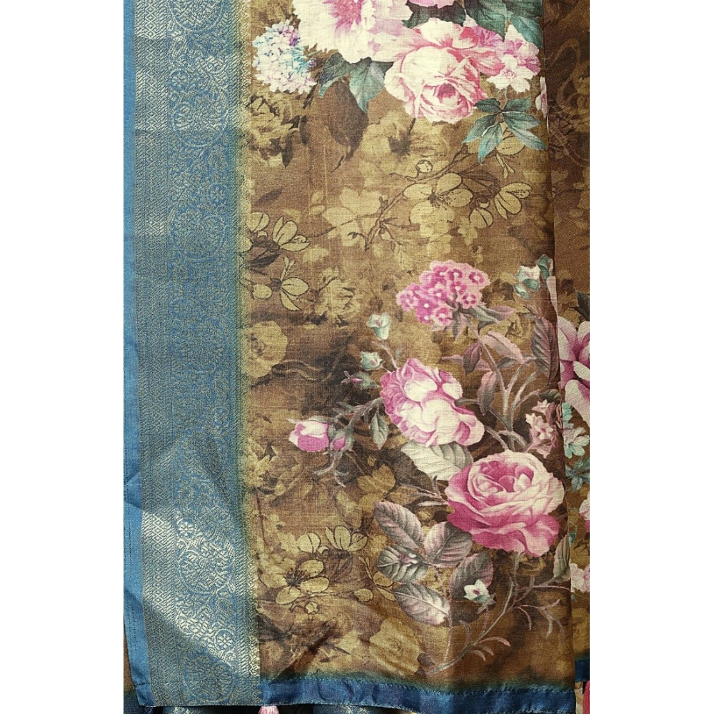 Women's Cotton Blend Floral Printed Saree With Unstitched Blouse 5.5Mtr (Multicolor) - Image 3