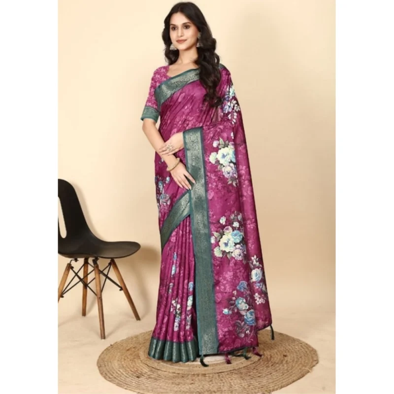 Women's Cotton Blend Floral Printed Saree With Unstitched Blouse 5.5Mtr (Multicolor)