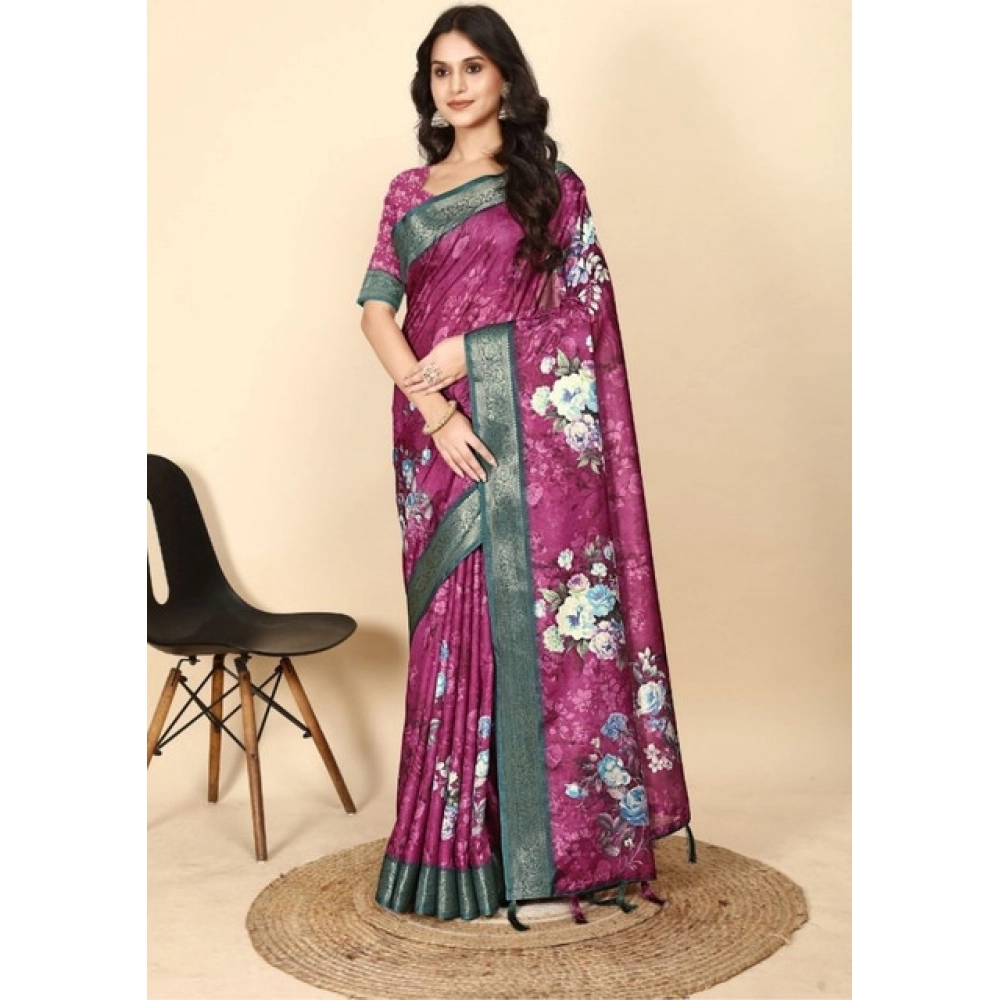 Women's Cotton Blend Floral Printed Saree With Unstitched Blouse 5.5Mtr (Multicolor)