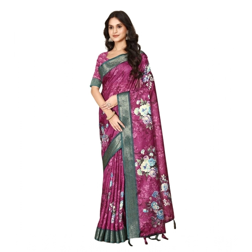 Women's Cotton Blend Floral Printed Saree With Unstitched Blouse 5.5Mtr (Multicolor) - Image 6