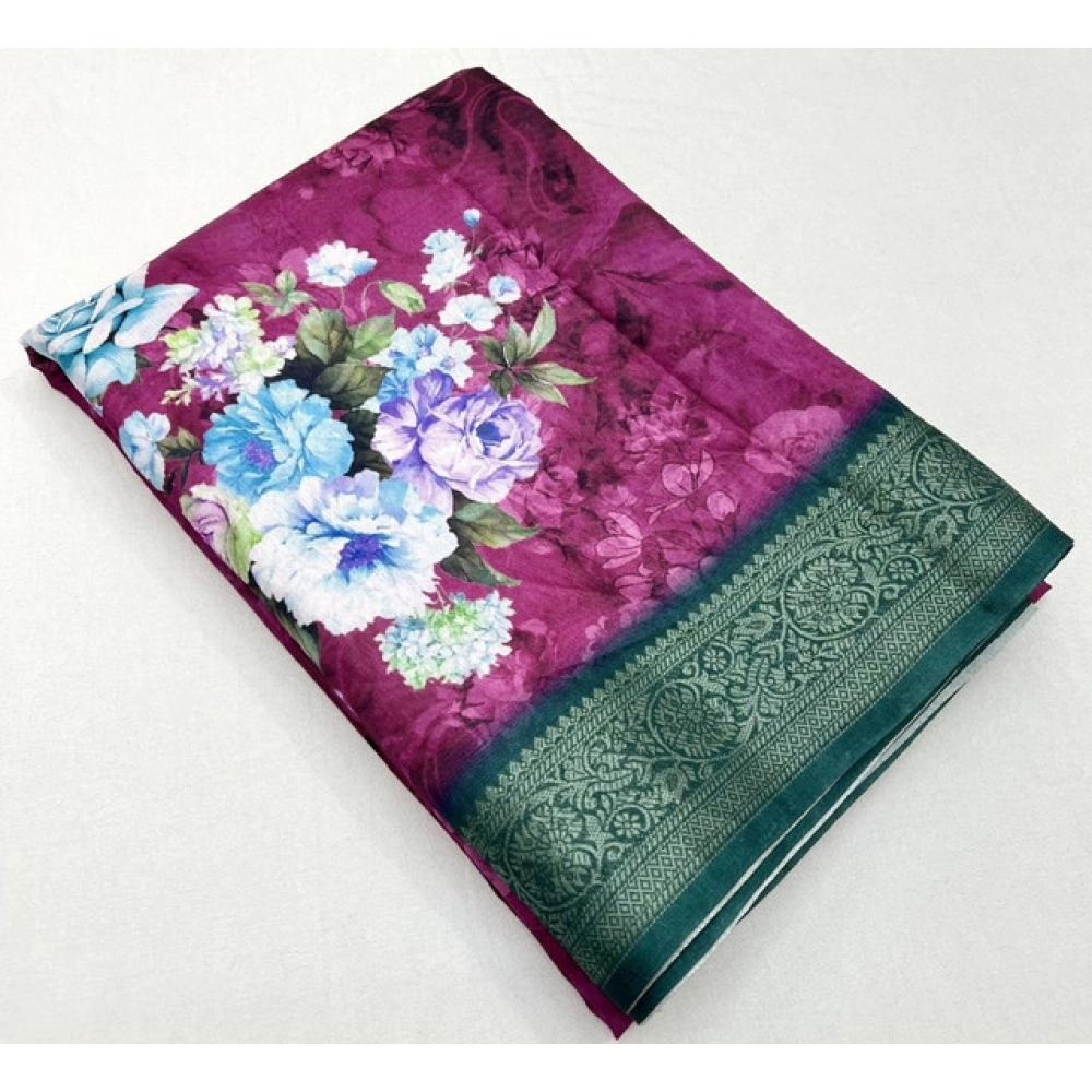 Women's Cotton Blend Floral Printed Saree With Unstitched Blouse 5.5Mtr (Multicolor) - Image 5