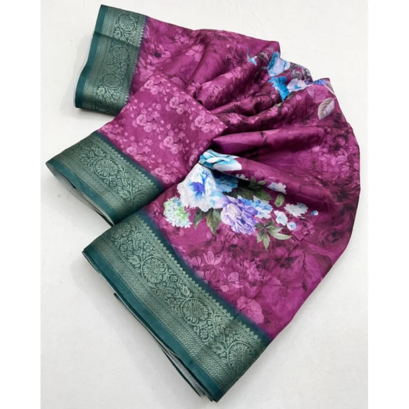 Alternative view of Women's Cotton Blend Floral Printed Saree With Unstitched Blouse 5.5Mtr (Multicolor)