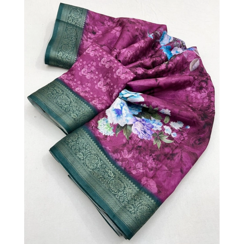 Women's Cotton Blend Floral Printed Saree With Unstitched Blouse 5.5Mtr (Multicolor) - Image 2