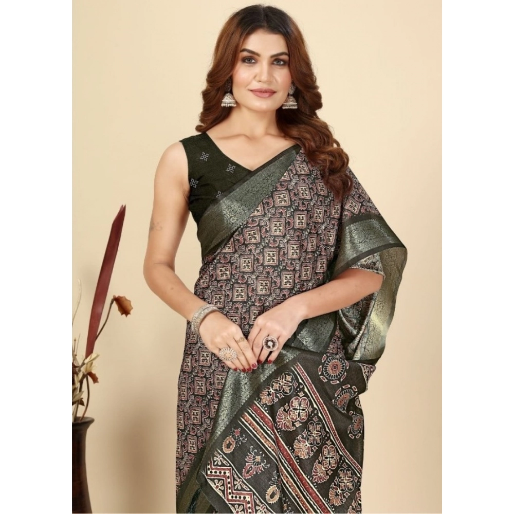 Women's Cotton Blend Printed Saree With Unstitched Blouse 5.5Mtr (Black)