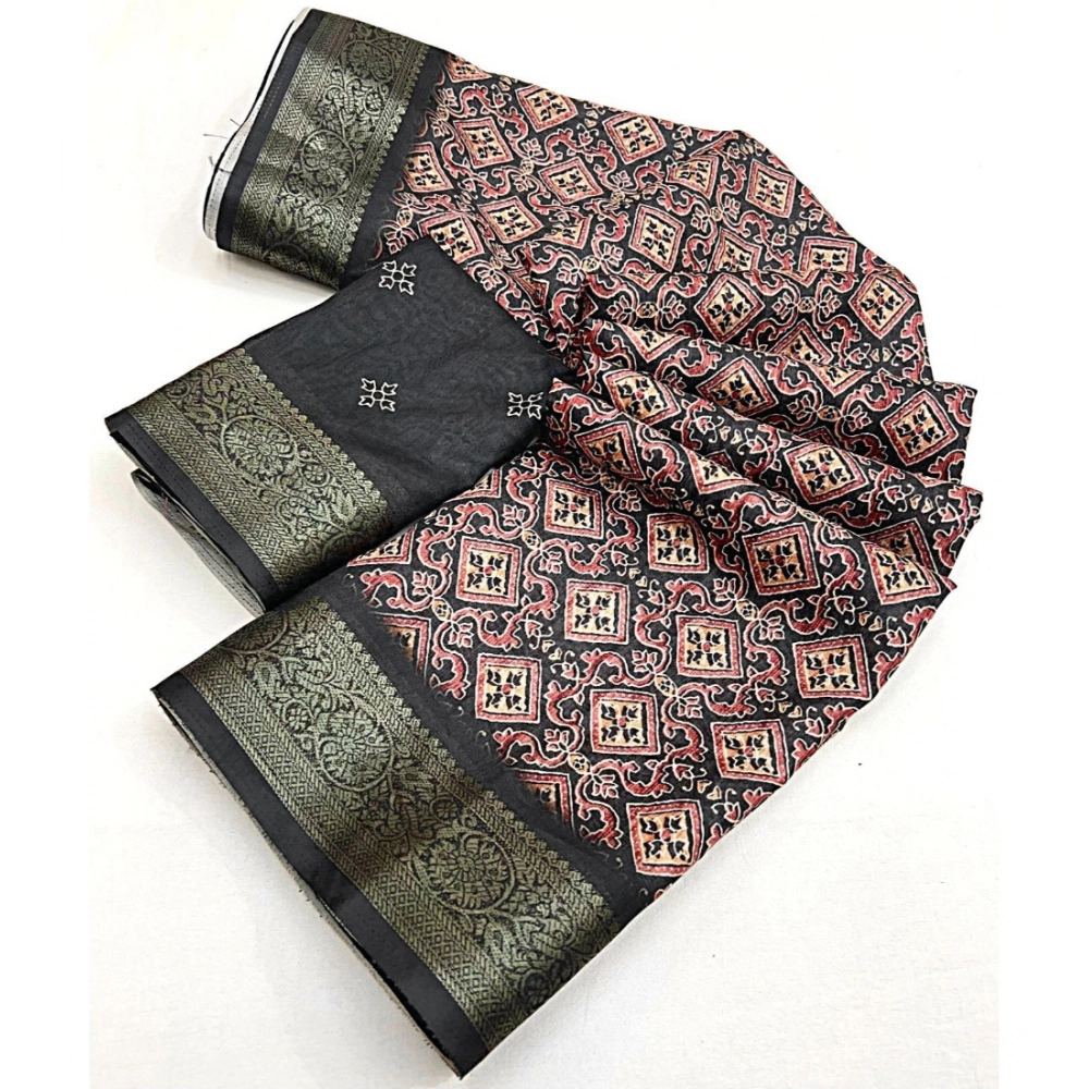 Women's Cotton Blend Printed Saree With Unstitched Blouse 5.5Mtr (Black) - Image 2