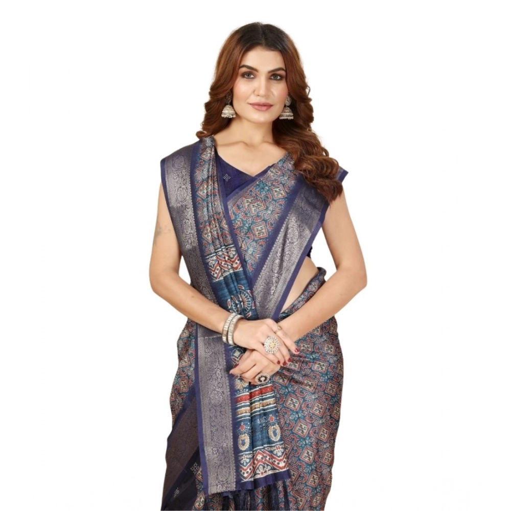 Women's Cotton Blend Printed Saree With Unstitched Blouse 5.5Mtr (Blue) - Image 6
