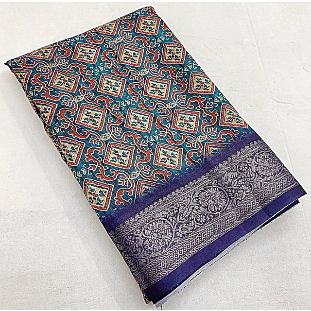 Women's Cotton Blend Printed Saree With Unstitched Blouse 5.5Mtr (Blue) - Image 5
