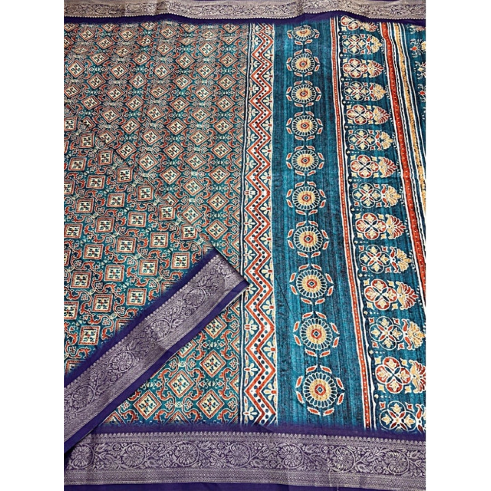 Women's Cotton Blend Printed Saree With Unstitched Blouse 5.5Mtr (Blue) - Image 4