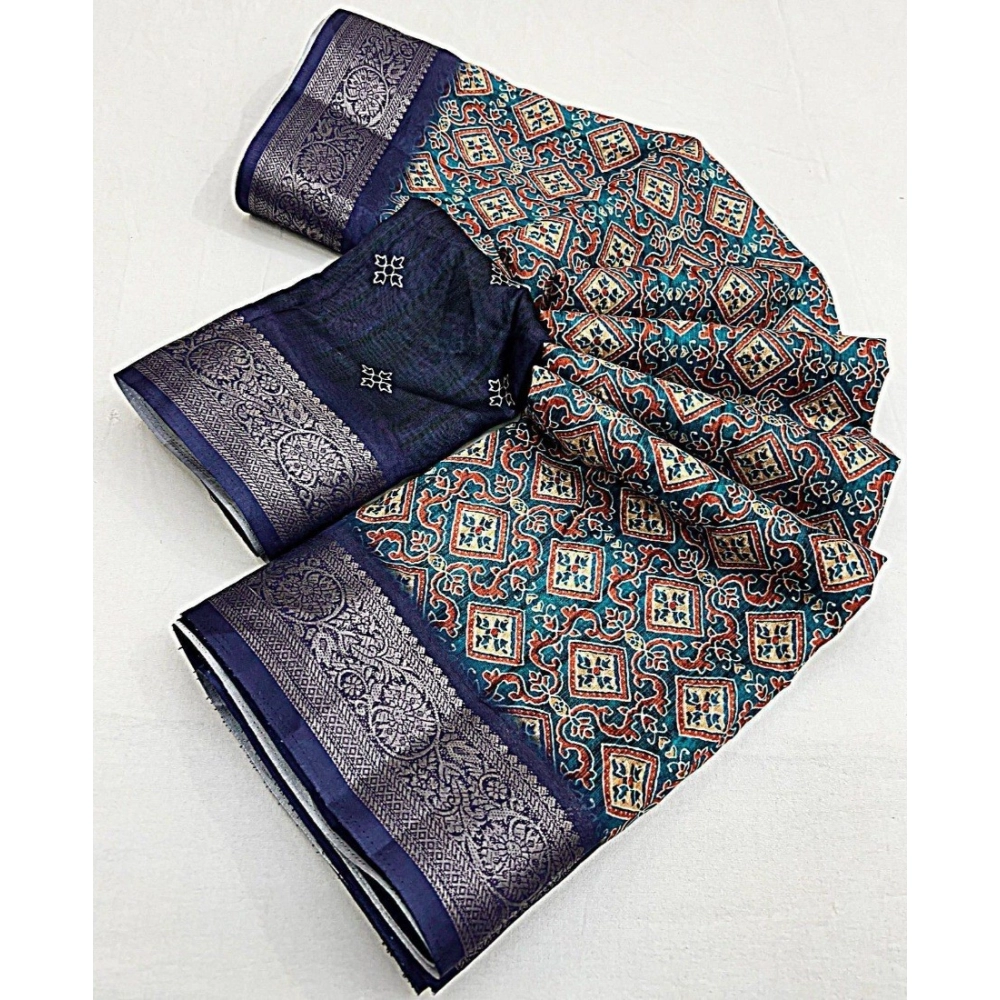 Women's Cotton Blend Printed Saree With Unstitched Blouse 5.5Mtr (Blue) - Image 2