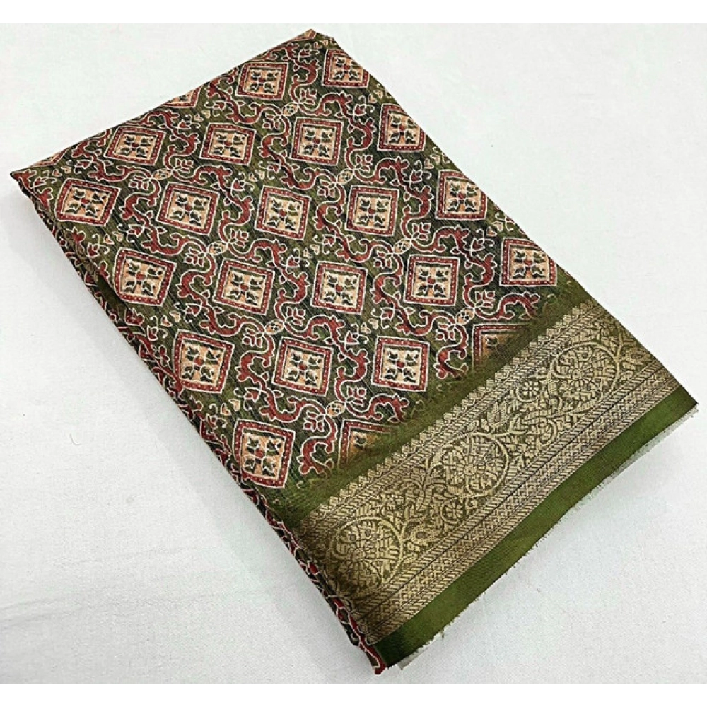 Women's Cotton Blend Printed Saree With Unstitched Blouse 5.5Mtr (Green) - Image 5
