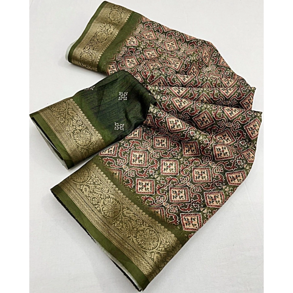 Women's Cotton Blend Printed Saree With Unstitched Blouse 5.5Mtr (Green) - Image 2
