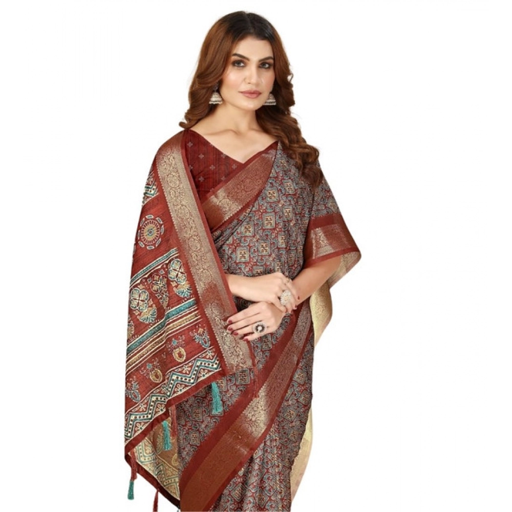Women's Cotton Blend Printed Saree With Unstitched Blouse 5.5Mtr (Multicolor) - Image 6