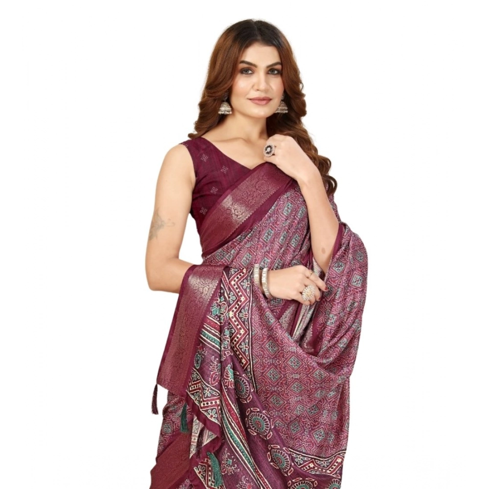 Women's Cotton Blend Printed Saree With Unstitched Blouse 5.5Mtr (Wine) - Image 6