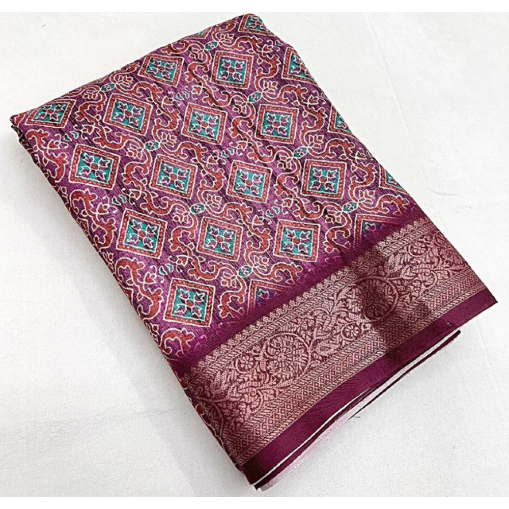 Women's Cotton Blend Printed Saree With Unstitched Blouse 5.5Mtr (Wine) - Image 5