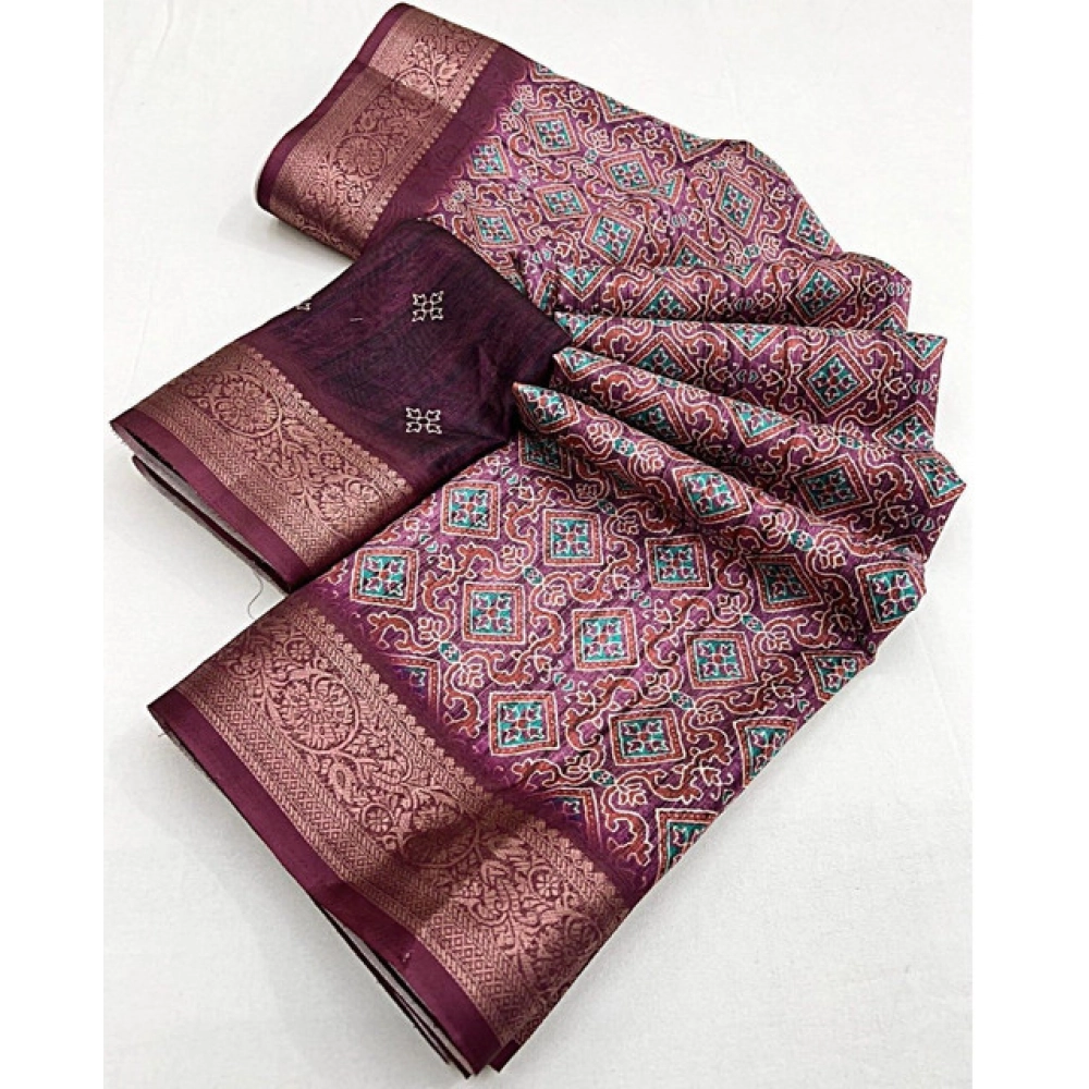 Women's Cotton Blend Printed Saree With Unstitched Blouse 5.5Mtr (Wine) - Image 2