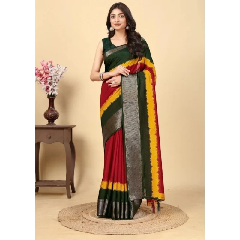 Women's Cotton Silk Solid Saree With Unstitched Blouse 5.5Mtr (Multicolor)