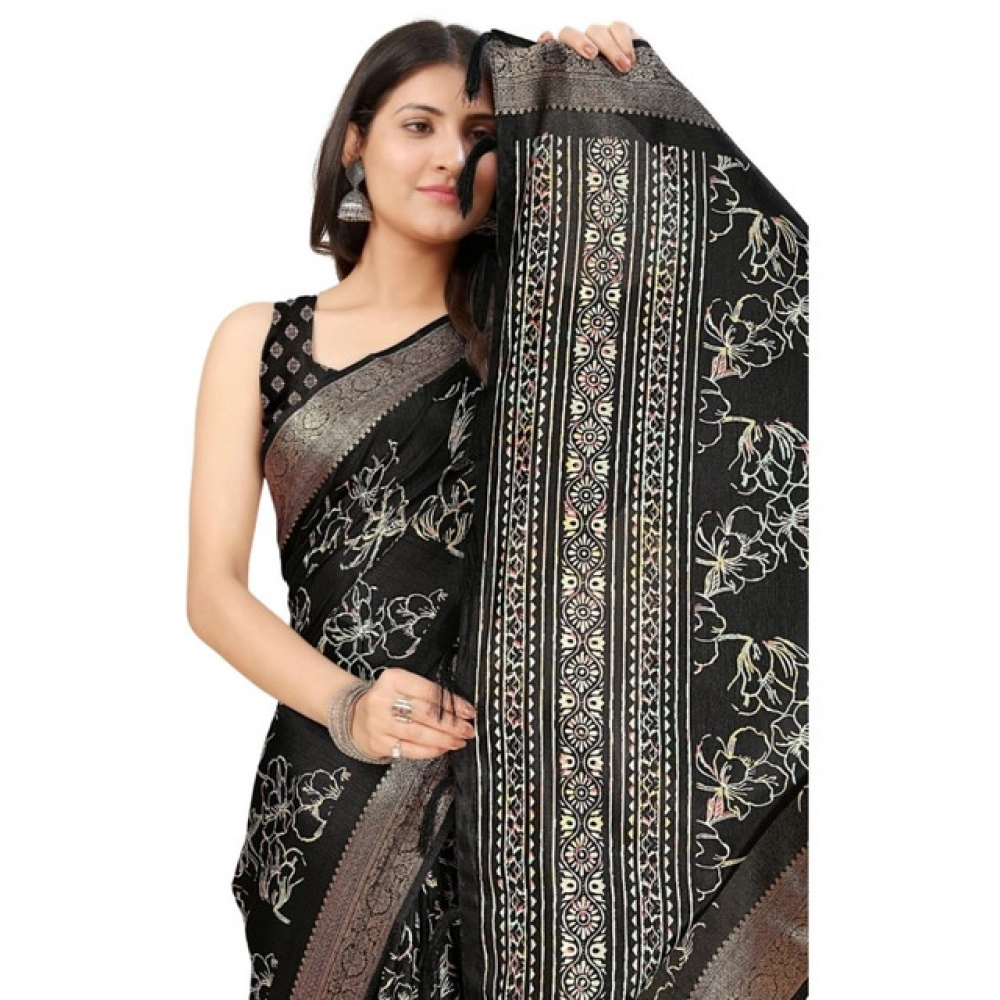 Women's Cotton Silk Floral Printed Saree With Unstitched Blouse 5.5Mtr (Black) - Image 6