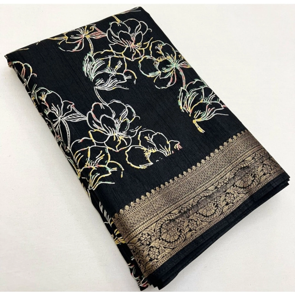 Women's Cotton Silk Floral Printed Saree With Unstitched Blouse 5.5Mtr (Black) - Image 5