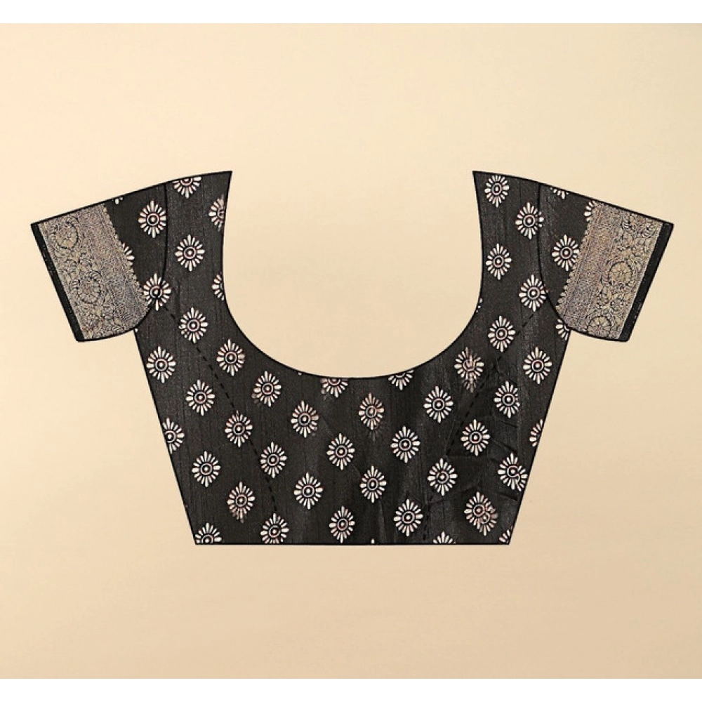 Women's Cotton Silk Floral Printed Saree With Unstitched Blouse 5.5Mtr (Black) - Image 3