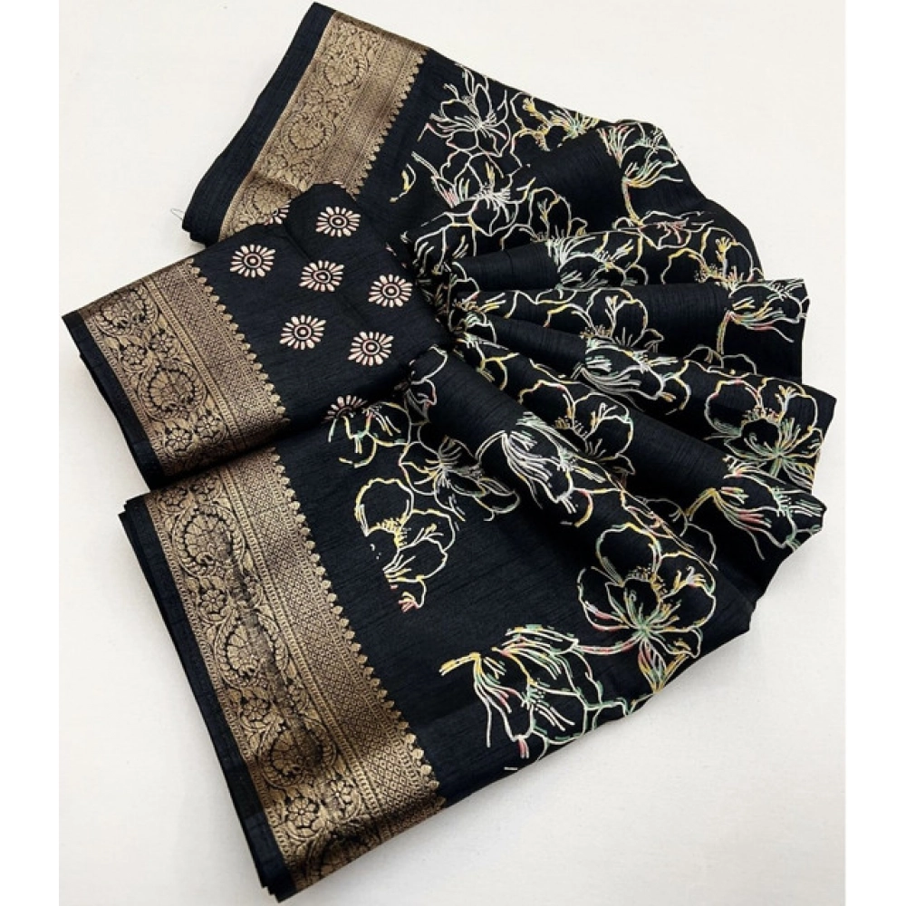 Women's Cotton Silk Floral Printed Saree With Unstitched Blouse 5.5Mtr (Black) - Image 2
